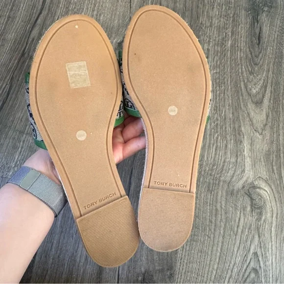 Tory Burch T monogram sandals Green and Beige Women's Slides espadrille size 8.5 - Picture 7 of 13